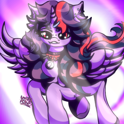 Size: 3000x3000 | Tagged: safe, artist:umbrapone, imported from derpibooru, twilight sparkle, alicorn, abstract background, collar, crepuscular rays, cute, cute little fangs, ear fluff, ear piercing, fangs, flying, hairclip, hairpin, hooves, messy mane, nose piercing, piercing, signature, smuglight sparkle, solo, spiked collar, twilight sparkle (alicorn)
