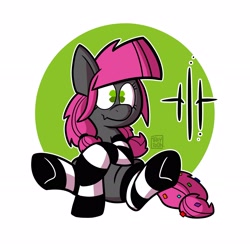 Size: 2893x2893 | Tagged: safe, artist:maxytoon, artist:maxytoon_art, imported from derpibooru, oc, earth pony, pony, clothes, colored, female, flat colors, green, green eyes, mare, pink, simple background, smiling, socks, solo, striped socks, white background