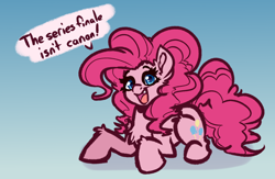 Size: 4000x2600 | Tagged: safe, artist:witchtaunter, imported from derpibooru, pinkie pie, earth pony, pony, chest fluff, commission, ear fluff, female, fluffy, gradient background, looking at you, lying down, mare, open mouth, open smile, prone, shoulder fluff, smiling, smiling at you, solo, speech bubble