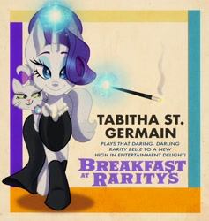 Size: 1583x1668 | Tagged: safe, artist:carouselunique, imported from derpibooru, opalescence, rarity, cat, pony, unicorn, breakfast at tiffany's, cigarette, cigarette holder, clothes, dress, februpony, female, jewelry, looking at you, magic, mare, necklace, parody, socks, solo, tabitha st. germain, telekinesis