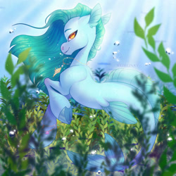 Size: 1280x1280 | Tagged: safe, artist:sadelinav, imported from derpibooru, oc, oc only, merpony, siren, bubble, commission, crepuscular rays, digital art, dorsal fin, featured image, female, fins, fish tail, flowing mane, flowing tail, green mane, jewelry, looking at you, necklace, ocean, orange eyes, outdoors, seaweed, sexy, smiling, smiling at you, solo, sunlight, swimming, tail, underwater, water, ych result