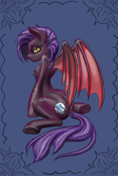 Size: 2000x3000 | Tagged: safe, artist:spacefur, imported from derpibooru, oc, oc only, oc:dawn sentry, bat pony, pony, bat pony oc, bat wings, bedroom eyes, chest fluff, commission, female, high res, looking back, mare, rear view, sitting, solo, underhoof, wings, ych result