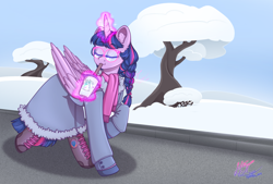 Size: 3725x2522 | Tagged: safe, artist:tyna, imported from derpibooru, twilight sparkle, alicorn, pony, boots, braid, clothes, coat, day, drinking, ear fluff, eyebrows, eyebrows visible through hair, eyelashes, eyes closed, female, folded wings, glasses, glowing, glowing horn, hoof boots, hoof shoes, horn, jacket, levitation, magic, mare, outdoors, round glasses, scarf, shoes, signature, sky, snow, solo, straw, telekinesis, tree, twilight sparkle (alicorn), wings, winter, winter coat, winter outfit