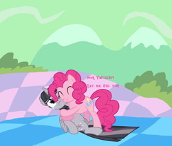 Size: 1708x1448 | Tagged: safe, artist:midnight--blitz, artist:wardex101, edit, imported from derpibooru, pinkie pie, twilight sparkle, alicorn, earth pony, pony, princess twilight sparkle (episode), ^^, chaos, crying, discorded, discorded landscape, discorded twilight, duo, duo female, eyes closed, female, folded wings, high res, horn, hug, mare, one eye closed, pink mane, pink tail, sitting, smiling, tail, text, twilight sparkle (alicorn), twilight tragedy, wings