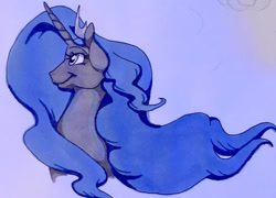 Size: 640x462 | Tagged: safe, artist:razledazle, imported from derpibooru, princess luna, alicorn, pony, bust, female, jewelry, mare, smiling, solo, tiara, traditional art