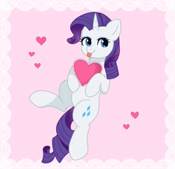 Size: 2056x1979 | Tagged: safe, artist:freyamilk, imported from derpibooru, rarity, pony, unicorn, :p, cute, female, heart, holiday, mare, pillow, raised leg, raribetes, solo, tongue out, valentine's day, ych example, your character here