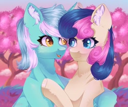 Size: 2048x1716 | Tagged: safe, artist:freyamilk, imported from derpibooru, bon bon, lyra heartstrings, sweetie drops, earth pony, pony, unicorn, adorabon, cute, duo, ear fluff, female, hug, lesbian, looking at each other, looking at someone, lyrabetes, lyrabon, open mouth, open smile, shipping, smiling, tree