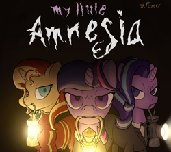 Size: 1082x961 | Tagged: safe, artist:spfoster, imported from derpibooru, starlight glimmer, sunset shimmer, twilight sparkle, alicorn, pony, unicorn, equestria girls, amnesia: the dark descent, black background, crossover, dark background, female, lamp, lantern, magical trio, mare, mouth hold, my little amnesia, simple background, twilight sparkle (alicorn)