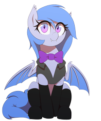 Size: 1250x1500 | Tagged: safe, artist:thebatfang, oc, oc:lucky roll, bat pony, bat pony oc, bat wings, blue mane, bowtie, clothes, featured image, female, gradient eyes, looking at you, ponerpics community collab 2022, simple background, smiling, solo, stockings, thigh highs, transparent background, vest, wings