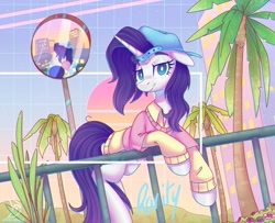 Size: 1200x975 | Tagged: safe, artist:musicfirewind, imported from derpibooru, rarity, pony, unicorn, alternate hairstyle, backwards ballcap, baseball cap, cap, clothes, disguise, hat, looking at you, plainity, solo, tree, vaporwave