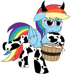Size: 1943x2035 | Tagged: safe, artist:mark_ml, imported from ponybooru, rainbow dash, cow, pegasus, pony, bucket, clothes, cowprint, horns, looking at you, milk, simple background, smiling, smiling at you, socks, solo, transparent background