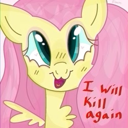 Size: 1000x1000 | Tagged: safe, artist:vommutt, imported from twibooru, fluttershy, pegasus, pony, dialogue, female, image, mare, needs more jpeg, solo, threat, vulgar