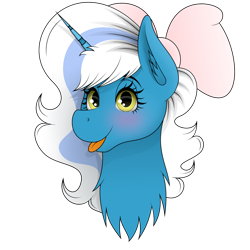 Size: 1000x1000 | Tagged: safe, artist:zeronitroman, imported from derpibooru, oc, oc:fleurbelle, alicorn, :p, alicorn oc, blushing, bow, female, hair bow, horn, mare, simple background, tongue out, transparent background, wingding eyes, wings, yellow eyes