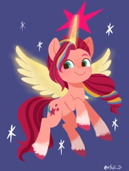 Size: 768x1024 | Tagged: safe, artist:efuji_d, imported from derpibooru, sunny starscout, alicorn, earth pony, pony, alicornified, artificial horn, artificial wings, augmented, female, flying, g5, horn, magic, magic horn, magic wings, mane stripe sunny, mare, my little pony: a new generation, race swap, smiling, solo, sunnycorn, unshorn fetlocks, wings