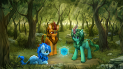 Size: 2000x1125 | Tagged: safe, artist:inowiseei, imported from derpibooru, oc, oc only, oc:nero eldamare, oc:temara winterskye, oc:terra nova, kirin, series:time's arrow, crepuscular rays, cube, forest, grass, heterochromia, kirin oc, log, trio