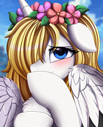 Size: 1424x1764 | Tagged: safe, artist:pridark, imported from derpibooru, oc, oc only, alicorn, pony, alicorn oc, blushing, floral head wreath, flower, hair over one eye, horn, solo, wings