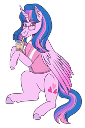 Size: 2000x3000 | Tagged: safe, artist:kikirdcz, imported from derpibooru, oc, oc only, alicorn, pony, bubble tea, colored wings, commission, curved horn, glasses, gradient wings, horn, not twilight sparkle, simple background, solo, transparent background, wings