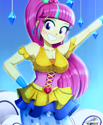 Size: 1784x2163 | Tagged: safe, artist:the-butch-x, imported from derpibooru, sour sweet, dance magic, equestria girls, spoiler:eqg specials, armpits, bare shoulders, belt, breasts, busty sour sweet, cleavage, clothes, cute, dance magic outfit, ear piercing, earring, eyeshadow, female, freckles, gritted teeth, jewelry, looking at you, makeup, piercing, scene interpretation, shoulder freckles, skirt, smiling, solo