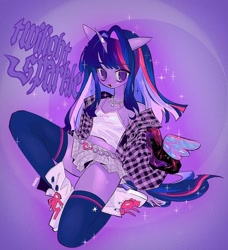 Size: 926x1014 | Tagged: safe, artist:hanamario87, artist:raimugi____, imported from derpibooru, twilight sparkle, anthro, belly button, blackletter, boots, clothes, delicious flat chest, female, flatlight sparkle, gradient background, heart, horn, jewelry, light, looking at you, mare, necklace, open clothes, open shirt, shoes, skirt, socks, solo, sparkles, stockings, text, thigh highs, wings