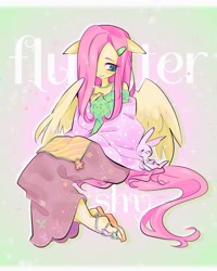 Size: 954x1190 | Tagged: safe, artist:hanamario87, artist:raimugi____, imported from derpibooru, angel bunny, fluttershy, anthro, pegasus, rabbit, animal, clothes, duo, eyes closed, female, floppy ears, hair over one eye, looking at someone, mare, sandals, shoes, sleeping, sweater, sweatershy, text, wings