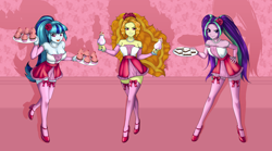 Size: 11069x6143 | Tagged: safe, artist:rileyav, imported from derpibooru, adagio dazzle, aria blaze, sonata dusk, equestria girls, bare shoulders, clothes, commission, cupcake, drink, female, flower, flower in hair, food, looking at you, serving tray, skirt, smiling, socks, stockings, the dazzlings, thigh highs, thigh socks, waitress, zettai ryouiki