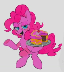 Size: 905x1014 | Tagged: safe, artist:poneko-chan, imported from derpibooru, pinkie pie, earth pony, pony, bipedal, cake, cherry, female, food, gray background, hoof hold, lidded eyes, looking at you, mare, open mouth, open smile, plate, simple background, smiling, smiling at you, solo