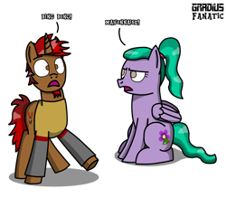Size: 1481x1298 | Tagged: safe, artist:gradiusfanatic, imported from derpibooru, oc, oc only, oc:paul, oc:violet dew, pegasus, pony, unicorn, bing bong, duo, female, food, male, mayonnaise, sauce, simple background, transparent background