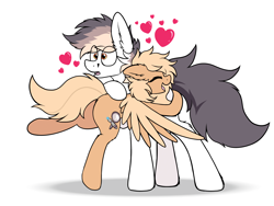 Size: 3000x2250 | Tagged: safe, artist:aaathebap, imported from derpibooru, oc, oc only, oc:keji, oc:mirta whoowlms, pegasus, pony, butt, butt touch, cute, duo, female, heart, hug, kejitash, male, mare, oc x oc, pegasus oc, plot, shipping, stallion, straight