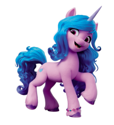 Size: 705x768 | Tagged: safe, imported from derpibooru, izzy moonbow, pony, unicorn, 3d, bracelet, color correction, cute, female, g5, izzybetes, jewelry, long mane, looking at you, mare, my little pony: a new generation, official, open mouth, open smile, raised hoof, simple background, smiling, smiling at you, solo, standing, white background