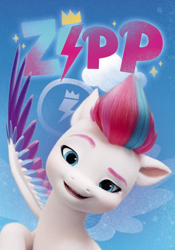 Size: 538x768 | Tagged: safe, imported from derpibooru, zipp storm, pegasus, pony, 2d, 3d, blue background, cloud, confident, crown, cutie mark, g5, jewelry, looking at you, my little pony: a new generation, name, open mouth, open smile, princess, proud, raised eyebrow, raised hoof, regalia, royalty, signature, simple background, smiling, smiling at you, sparkles, spread wings, thunderbolt, wings