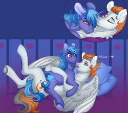 Size: 3500x3100 | Tagged: safe, artist:roselord, imported from derpibooru, oc, oc only, oc:midnight nova, oc:sukko, pegasus, pony, unicorn, blushing, commission, cuddling, finished commission, gay, male, pillow, stallion, wings