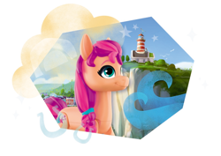 Size: 1280x907 | Tagged: safe, imported from derpibooru, sunny starscout, bird, earth pony, pony, seagull, 2d, 3d, braid, building, cliff, cloud, color correction, cute, dreamy, figure, figurine, g5, home, horseshoes, house, lighthouse, looking away, maretime bay, my little pony: a new generation, ocean, official, rainbow, simple background, stars, sunnybetes, town, toy, tree, water, wave, white background