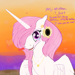 Size: 2000x2000 | Tagged: safe, artist:enonnnymous, imported from derpibooru, princess celestia, alicorn, pony, /sun/, beach, bow, crying, ears, female, floppy ears, flower, i love you, jewelry, looking at you, mare, necklace, pink-mane celestia, ring, solo, spread wings, sunflower, sunset, talking to viewer, tears of joy, wings, young celestia