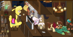 Size: 1280x654 | Tagged: safe, artist:addelum, imported from derpibooru, shanty (tfh), alpaca, cow, deer, dragon, goat, hybrid, longma, reindeer, sheep, unicorn, them's fightin' herds, apron, arizona (tfh), bar, bartender, bottle, clothes, cloven hooves, community related, depressed, drawing, face doodle, fake moustache, female, fightin' seven, fightin' six, frown, lying down, oleander (tfh), paprika (tfh), pom (tfh), prank, prone, tavern, tianhuo (tfh), velvet (tfh)