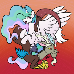 Size: 1000x1000 | Tagged: safe, artist:/d/non, imported from derpibooru, discord, princess celestia, alicorn, draconequus, pony, 2022, duo, fangs, februpony, female, hands together, male, mare, open mouth, personality swap, praying, red background, simple background, smiling