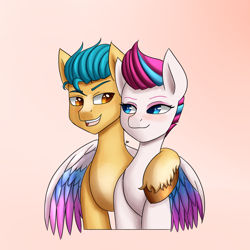 Size: 1400x1400 | Tagged: safe, artist:zachc, imported from derpibooru, hitch trailblazer, zipp storm, earth pony, pegasus, pony, duo, female, g5, hitchzipp, hug, looking at each other, looking at someone, male, mare, shipping, simple background, stallion, straight, unshorn fetlocks, winghug, wings