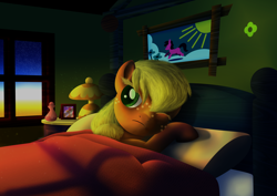 Size: 2912x2059 | Tagged: safe, artist:bethiebo, imported from derpibooru, applejack, bright mac, pear butter, pony, bed, morning ponies, one eye closed, picture, sleepy, younger