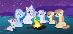 Size: 4776x2220 | Tagged: safe, artist:moonnightshadow-mlp, imported from derpibooru, oc, oc only, oc:apple sugar, oc:golden apple, oc:lily emerald, oc:rainbow nova, oc:sky thunder, oc:violet crystal, dracony, earth pony, hybrid, pegasus, pony, unicorn, campfire, fire, interspecies offspring, magic, offspring, parent:applejack, parent:caramel, parent:rainbow dash, parent:rarity, parent:rumble, parent:scootaloo, parent:soarin', parent:spike, parents:carajack, parents:rumbloo, parents:soarindash, parents:sparity