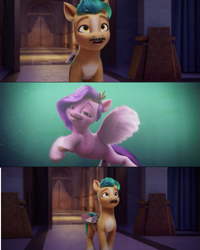 Size: 619x774 | Tagged: safe, edit, edited screencap, imported from derpibooru, screencap, hitch trailblazer, pipp petals, earth pony, pegasus, pony, spoiler:g5, spoiler:my little pony: a new generation, fake moustache, fake wings, female, g5, male, mare, my little pony: a new generation, shipping fuel, smiling, stallion, surprised