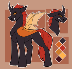 Size: 867x829 | Tagged: safe, artist:rockin_candies, imported from derpibooru, oc, oc:phasmatodea, changeling, fanfic:changing expectations, changeling oc, fanfic art, fangs, horn, male, orange changeling, reference sheet, solo, wings