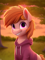 Size: 1500x2000 | Tagged: safe, artist:luminousdazzle, imported from derpibooru, oc, oc only, oc:stuben, earth pony, pony, birthday gift, bust, chest fluff, clothes, grin, happy, hoodie, looking at you, magenta eyes, male, portrait, scenery, semi-realistic, smiling, solo, stallion, sunset