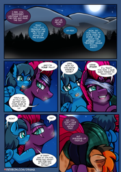 Size: 2480x3508 | Tagged: safe, artist:dsana, imported from derpibooru, fizzlepop berrytwist, tempest shadow, oc, oc only, oc:lullaby dusk, oc:rust wing, pegasus, pony, unicorn, comic:a storm's lullaby, bandage, breath, comic, dialogue, folded wings, full moon, moon, night, outdoors, ponies riding ponies, riding, speech bubble, trio, wings
