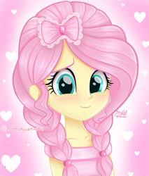 Size: 865x1014 | Tagged: safe, artist:fluttershy_art.nurul, imported from derpibooru, fluttershy, equestria girls, alternate hairstyle, aqua eyes, beautiful, blushing, bow, braid, cute, female, hair bow, hairpin, heart, looking at you, pigtails, pink, pink dress, pink hair, shy, shyabetes, smiling, smiling at you, solo, tape