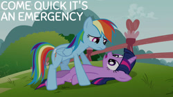 Size: 1280x720 | Tagged: safe, edit, edited screencap, editor:quoterific, imported from derpibooru, screencap, rainbow dash, twilight sparkle, pegasus, pony, unicorn, magic duel, season 3, duo, female, mare, open mouth, text, unicorn twilight