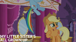 Size: 1280x720 | Tagged: safe, edit, edited screencap, editor:quoterific, imported from derpibooru, screencap, applejack, rainbow dash, earth pony, pegasus, pony, make new friends but keep discord, season 5, applejack's hat, carousel boutique, cowboy hat, crying, duo, female, flying, hat, mare, offscreen character, open mouth, open smile, smiling, tears of joy, text