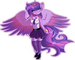 Size: 2466x1980 | Tagged: safe, artist:stormcloud-yt, imported from derpibooru, twilight sparkle, alicorn, anthro, the last problem, arm hooves, clothes, female, high heels, necktie, older, older twilight, one eye closed, princess twilight 2.0, shoes, simple background, skirt, socks, solo, spread wings, stockings, thigh highs, transparent background, twilight sparkle (alicorn), wings, wink, zettai ryouiki