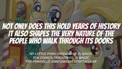 Size: 1280x720 | Tagged: safe, edit, editor:quoterific, idw, imported from derpibooru, apple bloom, mayor mare, earth pony, pony, apple bloom's bow, bow, eyes closed, female, filly, foal, hair bow, mare, open mouth, open smile, smiling, text, the ponyville anniversary spectacular