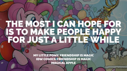 Size: 1280x720 | Tagged: safe, edit, editor:quoterific, idw, imported from derpibooru, octavia melody, pinkie pie, rainbow dash, earth pony, octopus, pegasus, pony, cake, female, food, grin, magical apple, mare, smiling, text