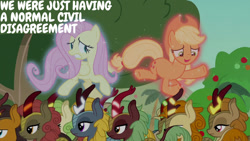 Size: 1280x720 | Tagged: safe, edit, edited screencap, editor:quoterific, imported from derpibooru, screencap, applejack, autumn afternoon, cinder glow, fern flare, fluttershy, forest fall, maple brown, pumpkin smoke, sparkling brook, spring glow, summer flare, winter flame, earth pony, kirin, pegasus, pony, season 8, sounds of silence, apple, applejack's hat, cowboy hat, female, food, hat, mare, open mouth, open smile, smiling, text, tree