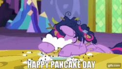 Size: 640x360 | Tagged: safe, edit, edited screencap, editor:quoterific, imported from derpibooru, screencap, twilight sparkle, alicorn, pony, castle sweet castle, season 5, animated, cute, eyes closed, female, food, gif, gifs.com, i'm pancake, impact font, mare, messy mane, open mouth, open smile, pancakes, sleeping, smiling, solo, twiabetes, twilight sparkle (alicorn), twilight's castle, whipped cream